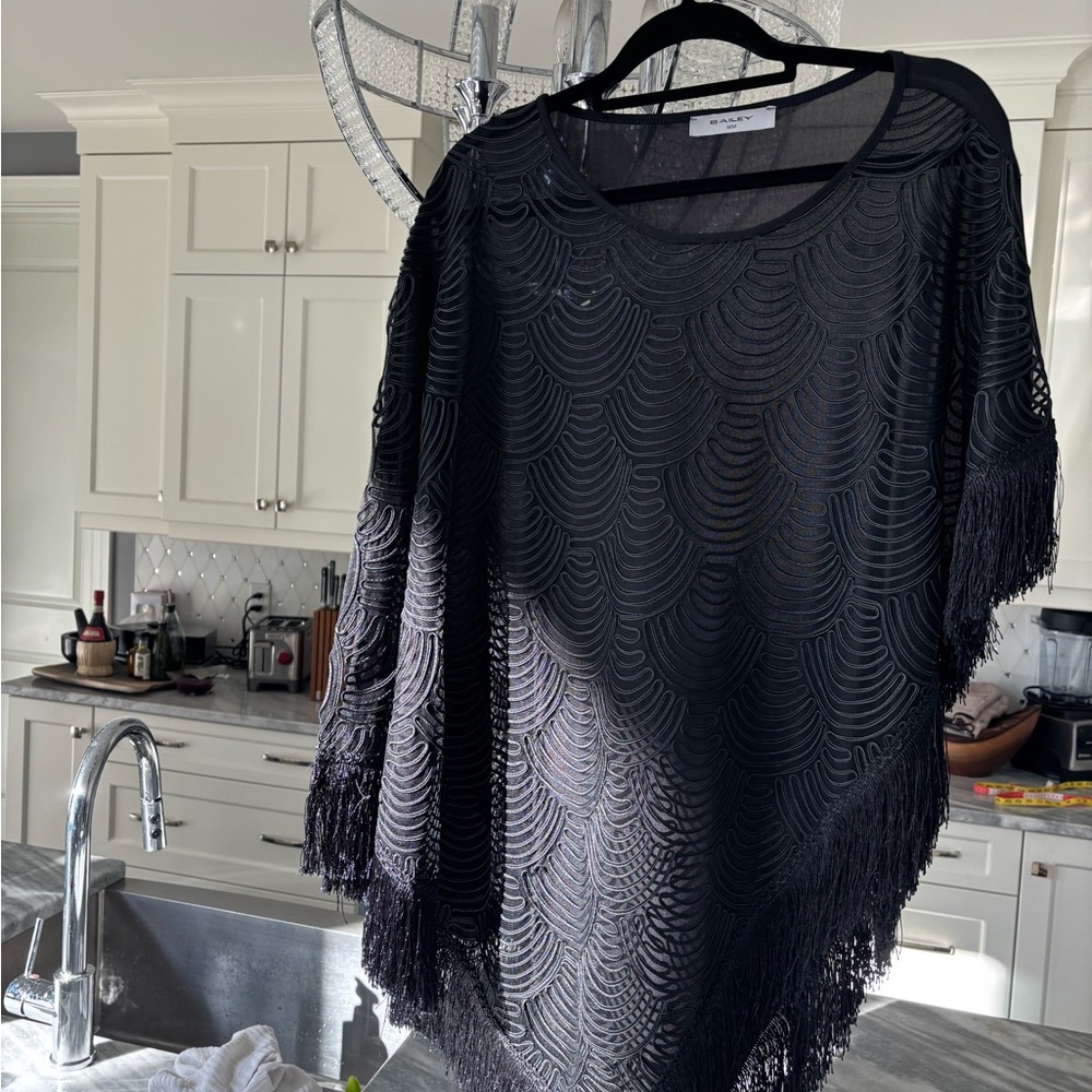 Shear and fringed black evening, cover-up, poncho, gala dinner out wedding guest